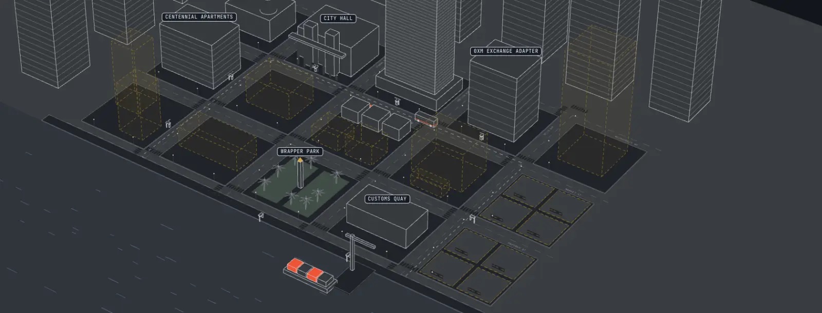 An isometric line drawing of 0xCity: city blocks, Wrapper Park, City Hall, Customs Quay and dashed outlines of lots still to be built.