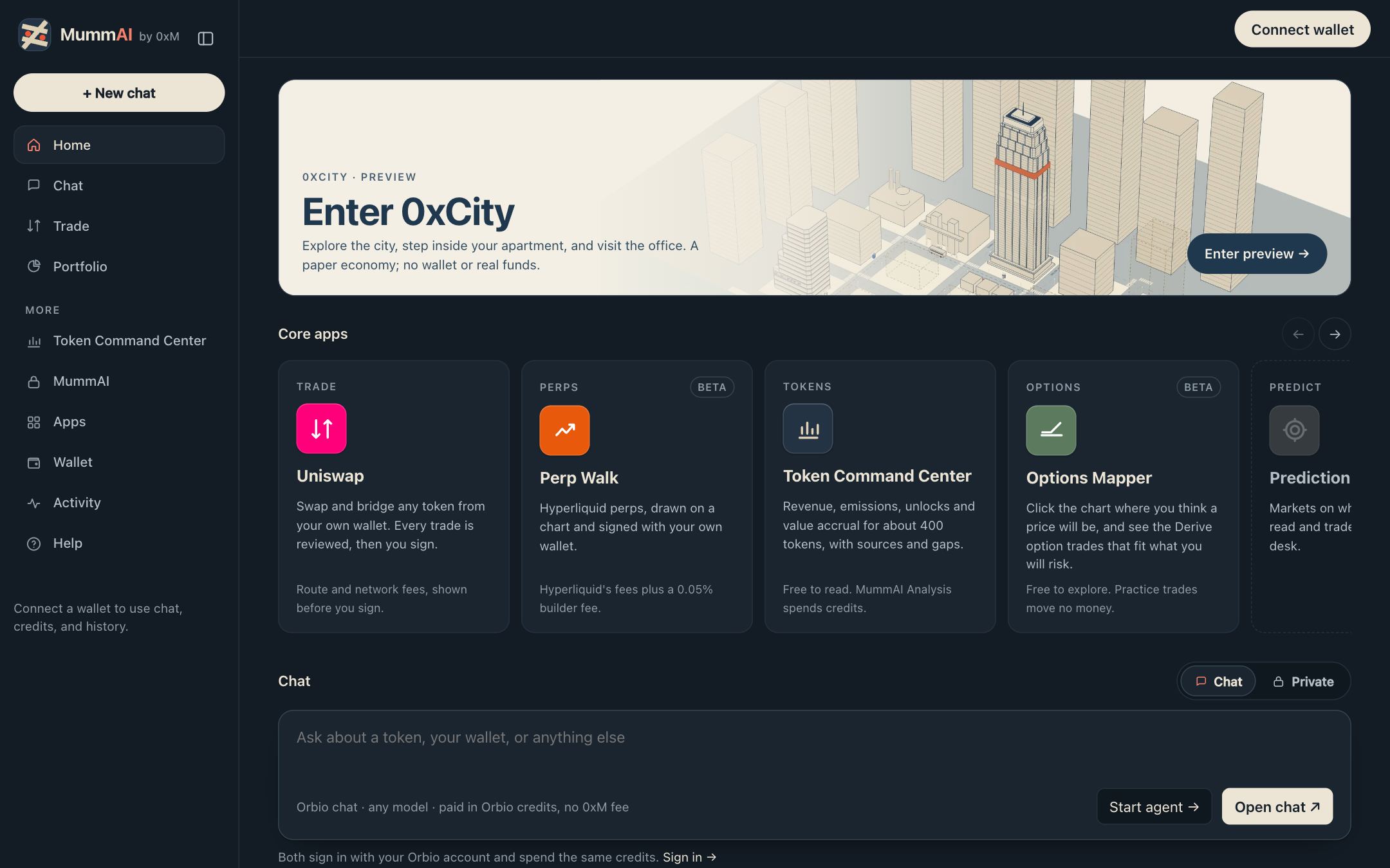 The MummAI home screen on 0xm.app: an 0xCity banner, a row of core apps, and the chat composer.