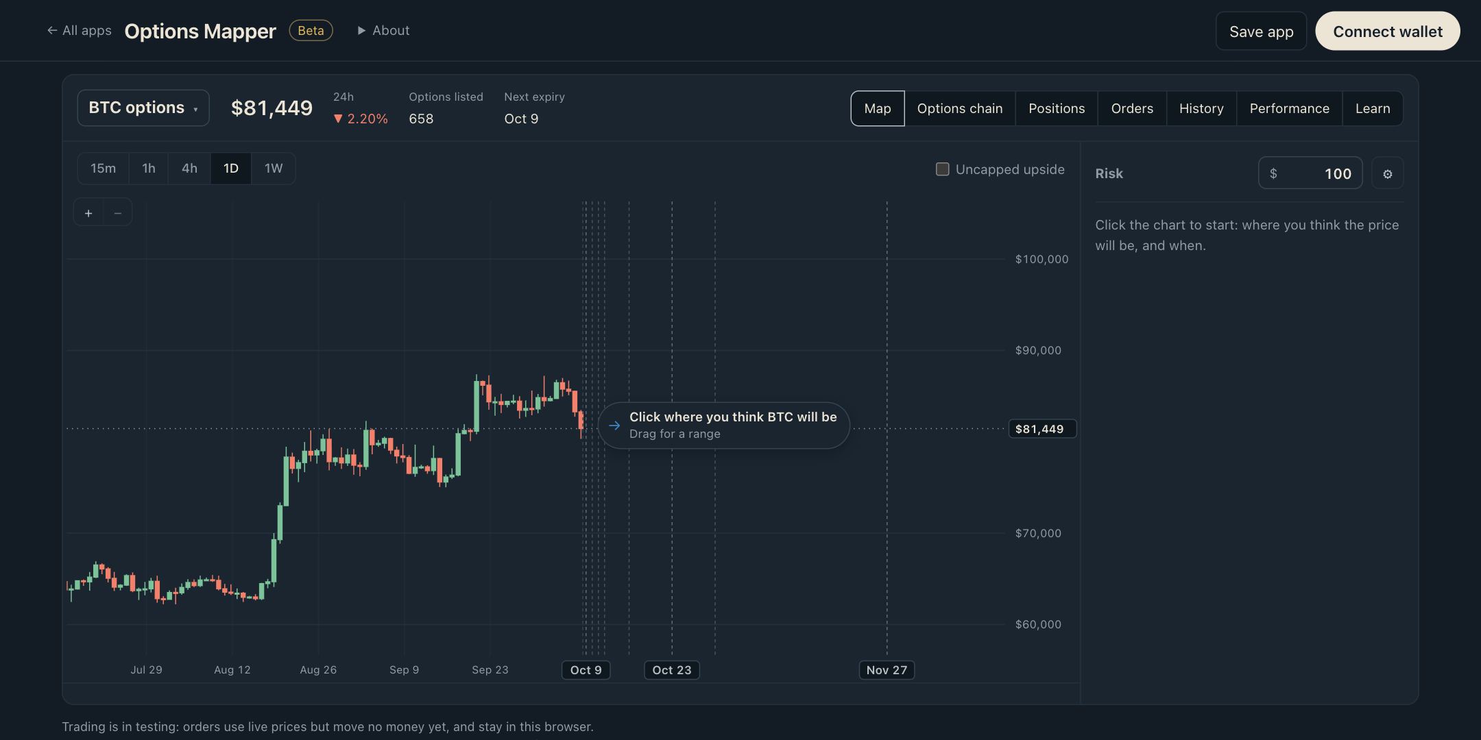 Options Mapper showing BTC daily candles with listed expiries marked, and the prompt "Click where you think BTC will be".