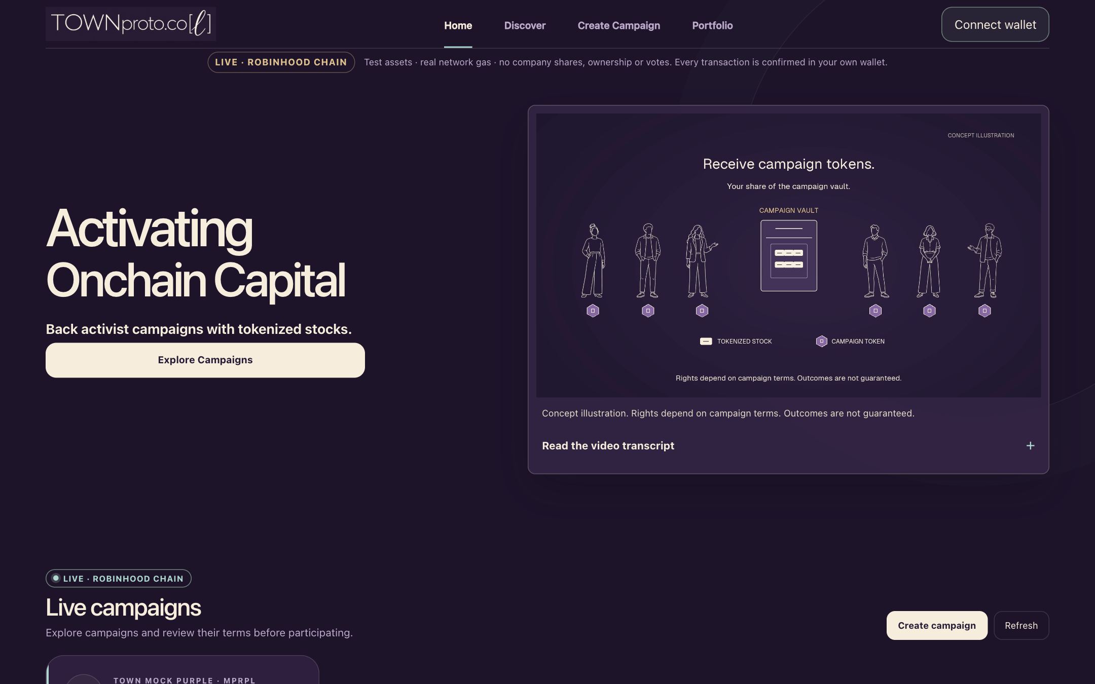 The TOWN Protocol home page: "Activating onchain capital", with a concept illustration of backers around a campaign vault.